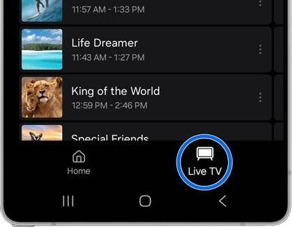 Live TV tab highlighted on a Galaxy S25 Ultra