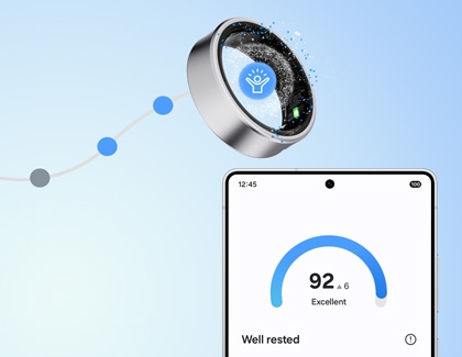 A Galaxy S25 displaying an Energy score screen next to a Galaxy Ring.