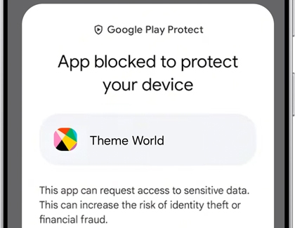 Galaxy S25 Ultra showing Play Protect warning app blocked to protect your device.