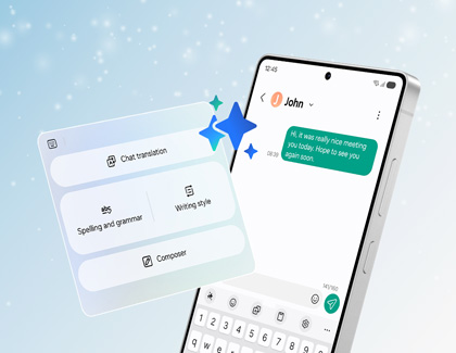 Advanced Galaxy AI tools enhancing messaging with chat translation and writing suggestions.