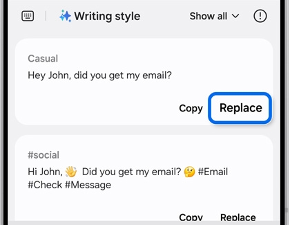 Writing style enhancement options on a Samsung Galaxy phone screen, highlighting the replace button for Casual and Social styles.