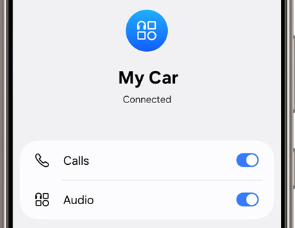 A Galaxy S24 screen showing Bluetooth settings for a connected car with the Calls and Audio switches toggled on.