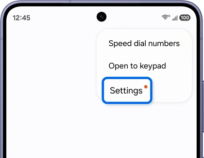 A Galaxy phone showing a dropdown menu with Speed dial numbers, Open to keypad, and Settings options, Settings highlighted in blue.