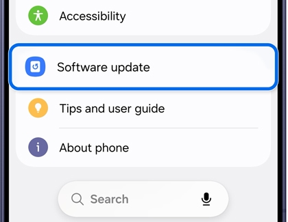 A Galaxy S26 screen showing the settings menu with the Software update option highlighted in a blue box.