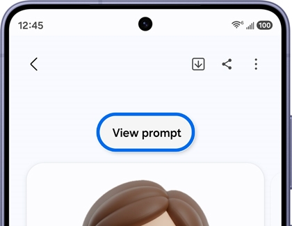 Close-up of a Galaxy S26 Ultra screen showing a View prompt button above a 3D avatar image.