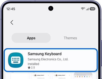 A Galaxy S26 screen showing the Samsung Keyboard app in the app store with the app entry highlighted in a blue box.