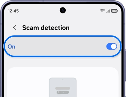 A Galaxy phone showing the Scam detection settings screen with the On toggle switch highlighted in blue and turned on.