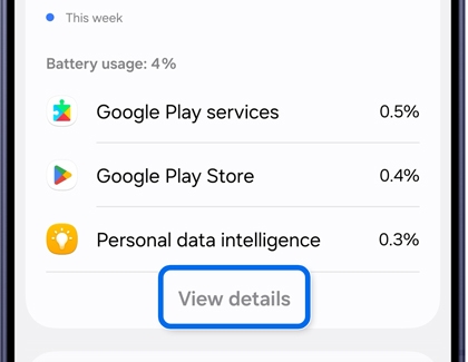 A Galaxy S26 screen showing battery usage for various apps with the View details button highlighted in a blue box.