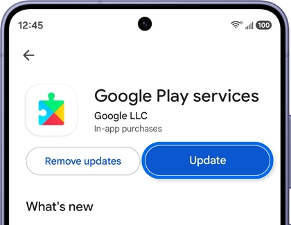 A Galaxy S26 screen showing the Google Play services app page with the Update button highlighted in blue.
