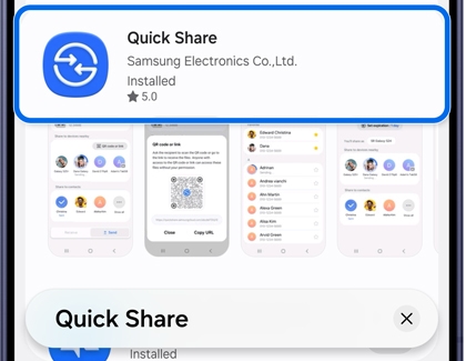 A Galaxy S26 screen showing the Quick Share app page in the Galaxy Store with the app info highlighted in a blue box.