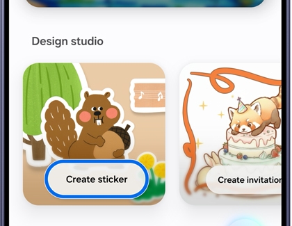 A Galaxy S26 Ultra screen showing the Design studio menu with a Create sticker button highlighted in blue over an illustration of a squirrel.