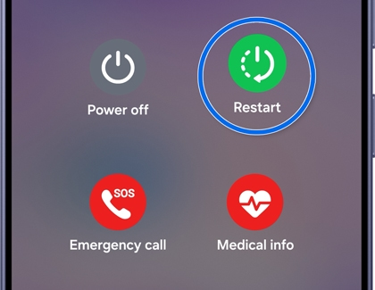 A Galaxy S26 screen showing power options with the green Restart button highlighted in a blue circle.