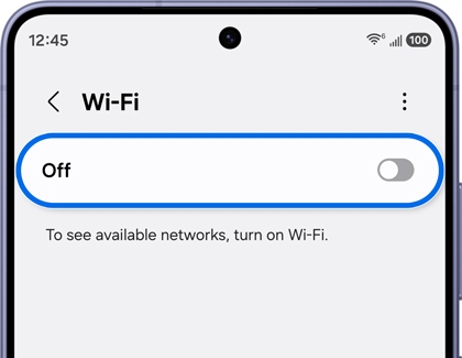 A Galaxy S26 screen showing the Wi-Fi settings menu with the main toggle switched to Off and highlighted in a blue box.