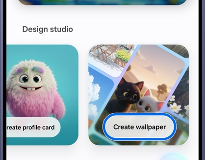 A Galaxy S26 Ultra screen showing the Design studio menu with a Create wallpaper button highlighted in blue over an illustration of two cats.