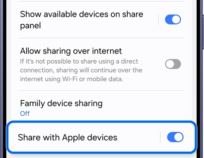 A Galaxy S26 screen showing Quick Share settings with the Share with Apple devices toggle highlighted in a blue box and turned on.