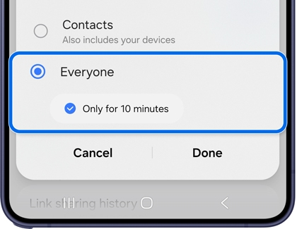 A Galaxy S26 screen showing the Who can share with you menu with the Everyone option highlighted in a blue box.