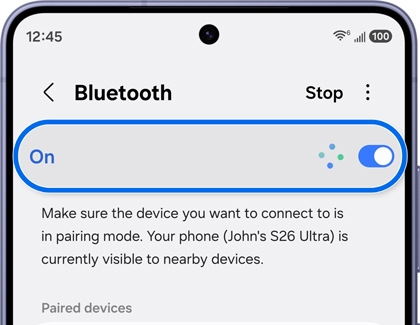 A Galaxy S26 Ultra screen showing the Bluetooth settings with the On toggle switch highlighted in blue.
