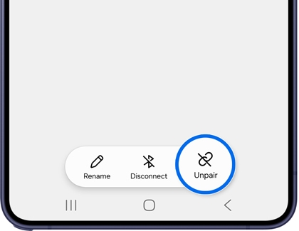 A Galaxy S26 Ultra screen showing the device options menu with the Unpair button highlighted in blue.