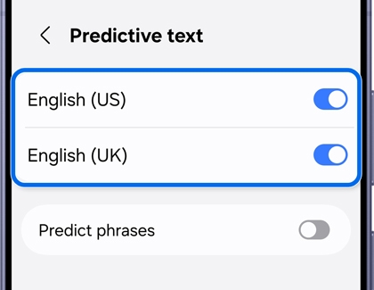 Predictive text settings menu with US and UK English activated.