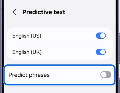 Predictive text settings menu with US and UK English activated.