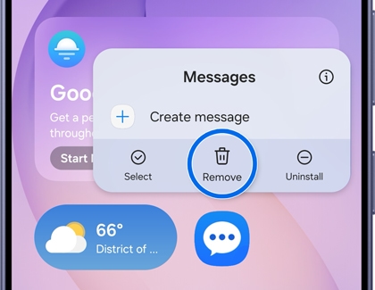 A Galaxy S26 Ultra showing an app shortcut menu with the Remove option highlighted in a blue circle.