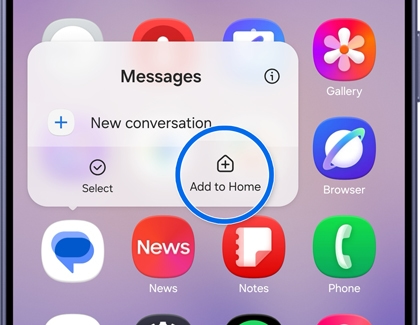 A Galaxy S26 Ultra showing an app shortcut menu with the Add to Home option highlighted in a blue circle.