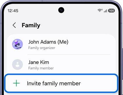 Invite family member selected in the Family group menu on a Galaxy device.