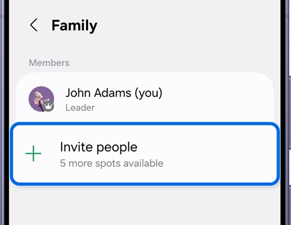A Galaxy phone showing the Family screen with the Invite people option highlighted in blue under the Members list.