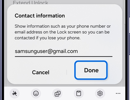 Samsung email address is entered in the contact information field, with a Done button highlighted.
