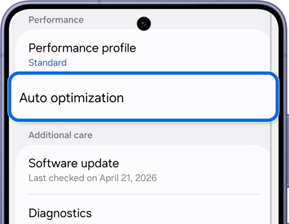 Device care screen scrolled down with Auto optimization highlighted.