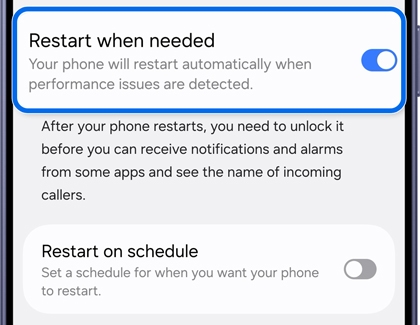 Auto restart screen with the Restart when needed toggle switch turned on.