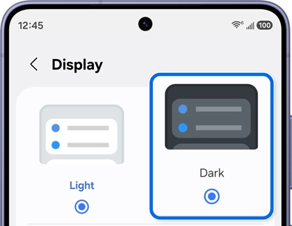 Samsung Galaxy Display settings screen with Dark mode outlined in blue.