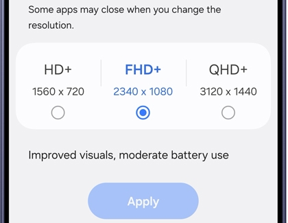Samsung Galaxy screen resolution settings showing HD plus, FHD plus, and QHD plus options.