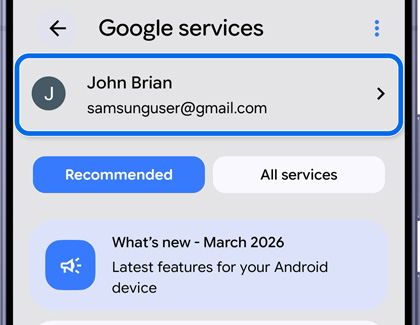 A Galaxy S26 Ultra screen showing Google services with the user profile section highlighted in blue.