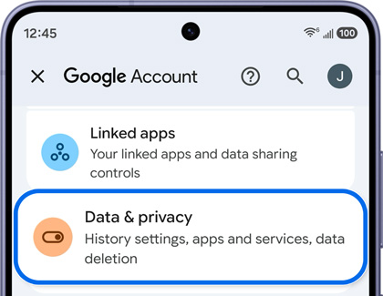 A Galaxy S26 Ultra screen showing the Google Account settings with the Data and privacy option highlighted in blue.