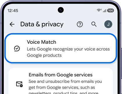 A Galaxy S26 Ultra screen showing the Data and privacy menu with the Voice Match option highlighted in blue.