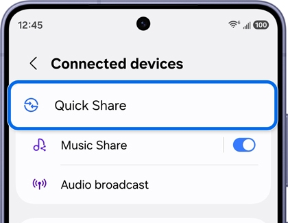 A Galaxy S26 screen showing the Connected devices settings with the Quick Share option highlighted in a blue box.