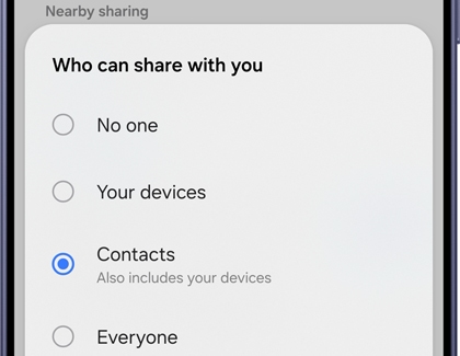A Galaxy S26 screen showing the Who can share with you menu with the Contacts option selected.