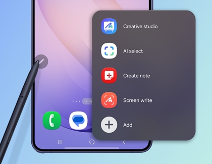 A purple Galaxy S26 Ultra with a stylus pen hovering near an Air command menu with several app icons.