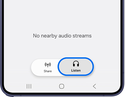 A Galaxy S26 screen showing no nearby streams with the Listen mode button highlighted in a blue box.