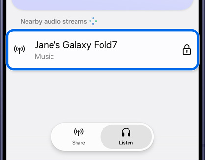 A Galaxy S26 screen showing a nearby audio stream from a Galaxy Fold7 highlighted in a blue box.