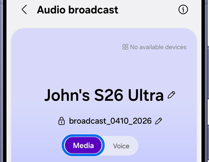 A Galaxy S26 screen showing the Audio broadcast menu with the Media option highlighted in blue.