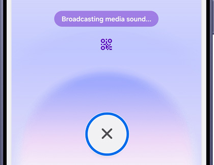 A Galaxy S26 screen showing a media broadcast in progress with the stop icon highlighted in a blue circle.