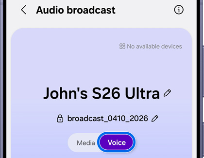 A Galaxy S26 screen showing the Audio broadcast menu with the Voice option highlighted in blue.