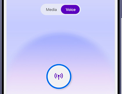 A Galaxy S26 screen showing the Audio broadcast interface with the broadcast icon highlighted in a blue circle.
