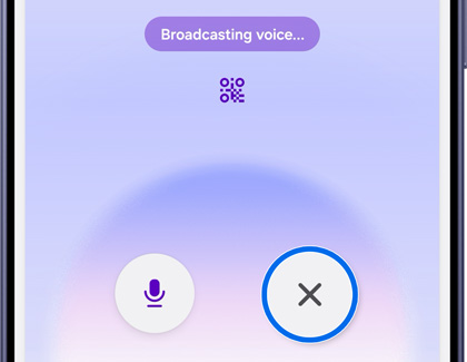 A Galaxy S26 screen showing a voice broadcast in progress with the stop icon highlighted in a blue circle.
