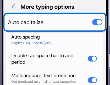 More typing options menu with the Auto capitalize option highlighted with the switch turned on.