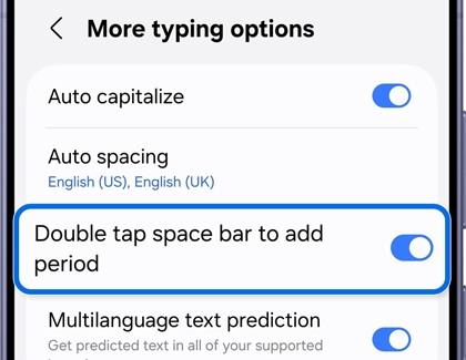 More typing options menu with the Double tap space bar to add period option highlighted and switch turned on.