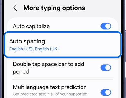 More typing options menu with the Auto spacing option highlighted.