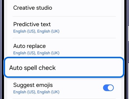 Samsung Keyboard settings menu with the Auto spell check option highlighted.